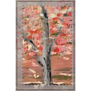 May include: An oil painting on canvas featuring a tree with thick, textured impasto brushstrokes in shades of pink, coral, and white. The tree trunk is rendered in dark gray and black tones, set against a muted, earthy background with horizontal strokes.