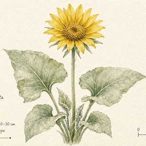 Puede incluir: Una ilustración botánica de Balsamorhiza sagittata, o bálsamo de hoja de flecha, con una flor amarilla brillante y grandes hojas verdes texturizadas. El texto detalla forraje de primavera, polinizadores, tallos 15-80 cm, hojas 10-30 cm.