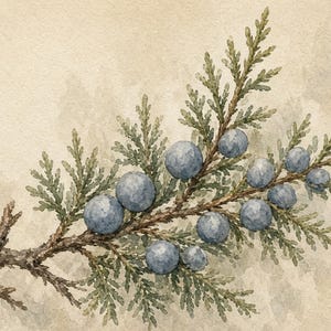 May include: A watercolour illustration of a juniper branch featuring textured green needle-like leaves and several round, dusty blue berries attached to a brown, woody stem, set against a plain, light beige, paper-like background.