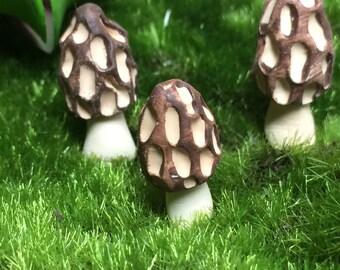Handmade Clay Morel Mushrooms, Fairy Garden Terrarium Picks set of 3