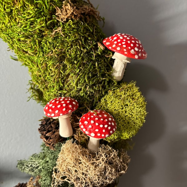 3 pc set red AMANITA Natural look woodland mushroom  moss wreath wedding tea party terrarium mushrooms miniature, toadstool plant stake