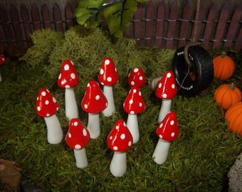 Set of 12 miniature garden mushrooms fairy garden accessories gnome pixie  red with white polka dots