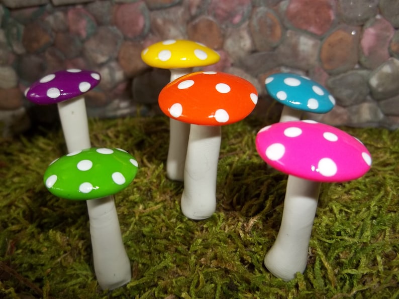 Fairy garden mushrooms set of 6 bright colored terrarium accessories miniature garden toadstools woodland garden handmade image 1