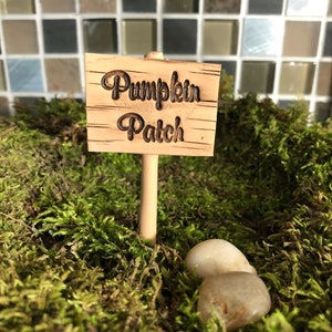 May include: A small wooden sign with the words "Pumpkin Patch" carved into it. The sign is on a wooden stake, set in green moss with small stones. The background is a mosaic tile pattern.
