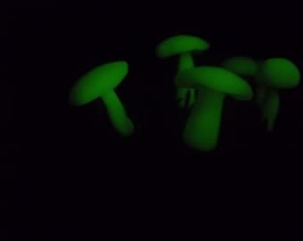 6 Glow-in-the-Dark Miniature Fairy garden Mushrooms with floral wire picks for secure placement