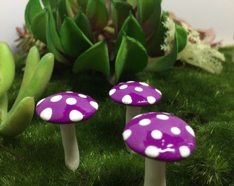 set of 3 purple fairy garden mushrooms miniature terrarium toadstool pixie or gnome woodland accessories