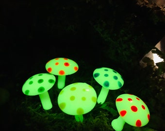 5 Glow-in-the-Dark Miniature Fairy garden Mushrooms with floral wire picks for secure placement