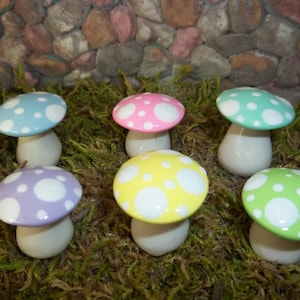 Mad hatter tea party favor Fairy garden mushrooms set of 6 short woodland terrarium pastel Easter accessories garden toadstools woodland image 1