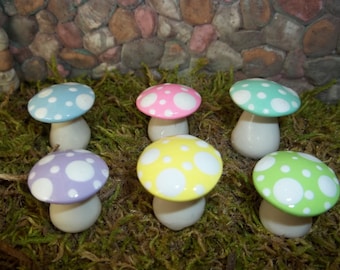 Mad hatter tea party favor Fairy garden mushrooms set of 6 short woodland  terrarium pastel Easter accessories garden toadstools woodland