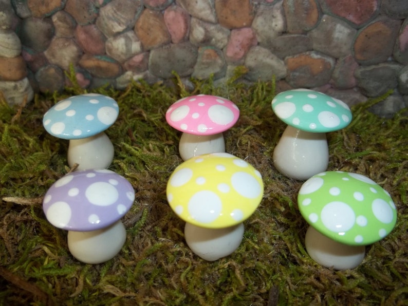 Mad hatter tea party favor Fairy garden mushrooms set of 6 short woodland terrarium pastel Easter accessories garden toadstools woodland image 1