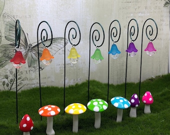 Miniature Fairy Garden Lanterns and Polymer Clay Mushrooms, Set of 7
