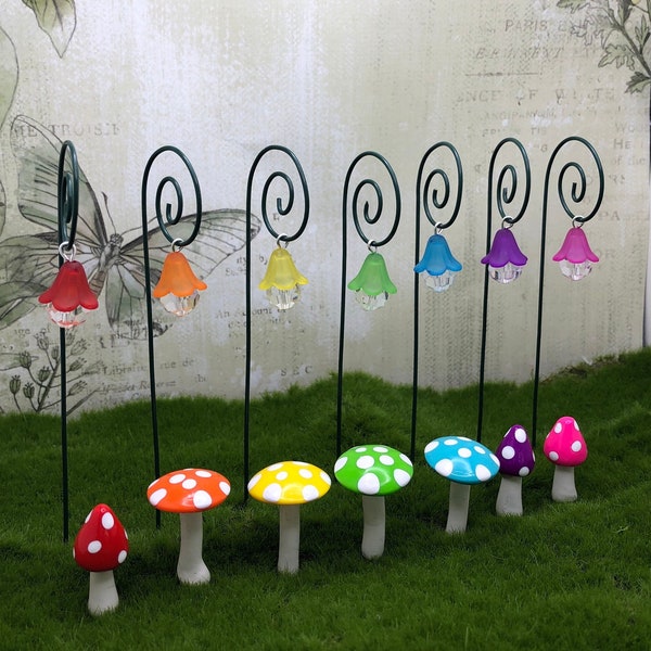 Set of 7 Fairy garden lanterns and mushrooms miniature garden accessory rainbow terrarium succulent garden party favor