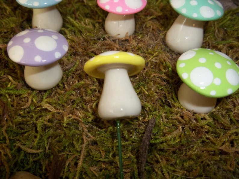 Mad hatter tea party favor Fairy garden mushrooms set of 6 short woodland terrarium pastel Easter accessories garden toadstools woodland image 4