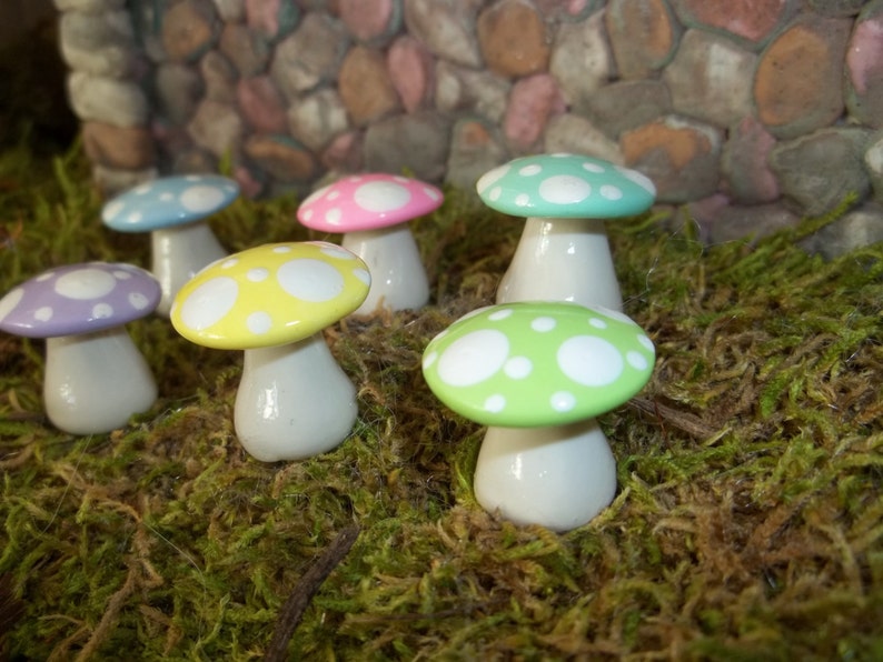 Mad hatter tea party favor Fairy garden mushrooms set of 6 short woodland terrarium pastel Easter accessories garden toadstools woodland image 3