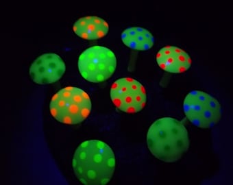 10 Glow-in-the-Dark Miniature Fairy garden Mushrooms with floral wire picks for secure placement
