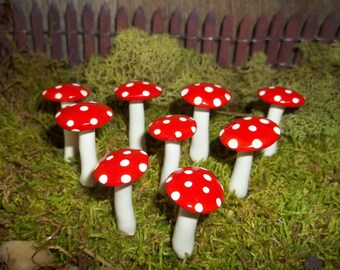 5 miniature mushroom  fairy garden mushrooms toadstool terrarium woodland Bright red