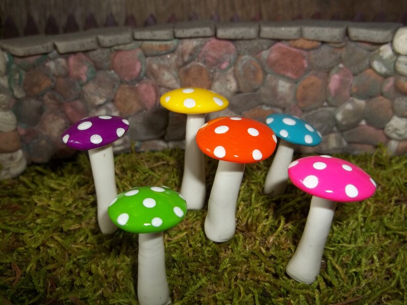 Fairy garden mushrooms set of 6 bright colored terrarium accessories miniature garden toadstools woodland garden handmade image 3