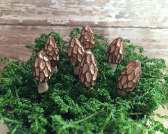 7 Terrarium mushrooms fairy garden Morel mushrooms handmade clay woodland  wedding favors container garden picks morrel morell wild mushroom