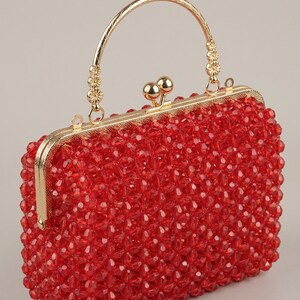 Handgemachte Clutch Rubin Rot Kristall Perlen, Vintage Style Abend Handtasche, Gold Kiss-Lock Griff