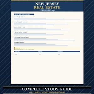 May include: A study guide for the New Jersey Real Estate Licensing Exam. The guide features a navy blue and gold design with the text "New Jersey Real Estate Licensing Exam" at the top. The guide includes sections on real estate licensing, fees, and mortgage financing.