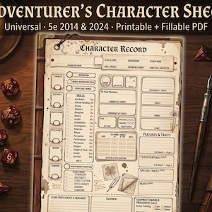 DnD 5e Character Sheet Printable & Fillable PDF | 2014 and 2024 | Parchment Journal Theme | A4 + US Letter | Bonus Notes Page