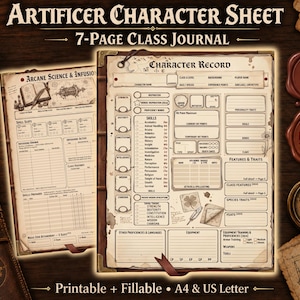 May include: An Artificer character sheet 7-page class journal featuring a parchment-style character record with sections for stats, skills, and equipment. The design includes vintage-style illustrations, a compass, wax seals, and a candle.