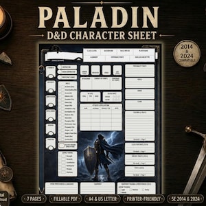 Op de afbeelding: Een Paladin D&D-karakterblad met een centrale illustratie van een ridder met een schild en cape. Het document bevat velden voor karakternaam, klasse, niveau, vaardigheden en uitrusting, met tekst die 2014 en 2024 compatibiliteit aangeeft.