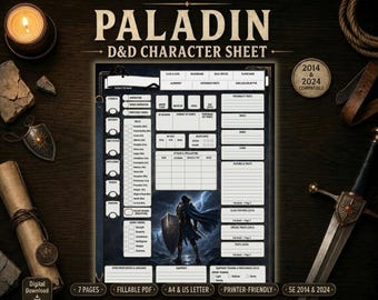 D&D Paladin Character Sheet | Printable + Fillable PDF | Digital RPG Sheet 2014 and 2024 Compatible