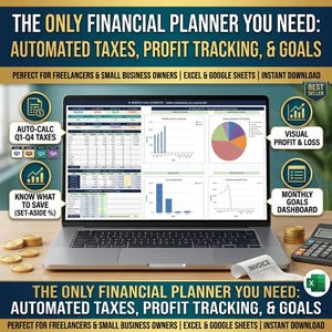 May include: A laptop displaying a financial planner interface with charts and graphs. The screen shows automated taxes, profit tracking, and goals. Gold coins, a calculator, and an invoice are on the wooden surface. Text reads: "The Only Financial Planner You Need."