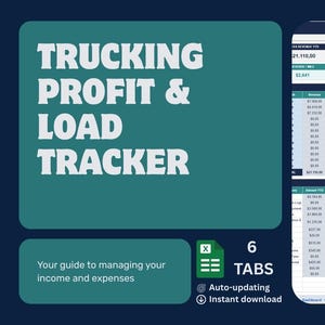 May include: A digital spreadsheet titled "Trucking Profit & Load Tracker" with data tables and charts. The image includes the text "Your guide to managing your income and expenses", "6 Tabs", and "Auto-updating Instant download".
