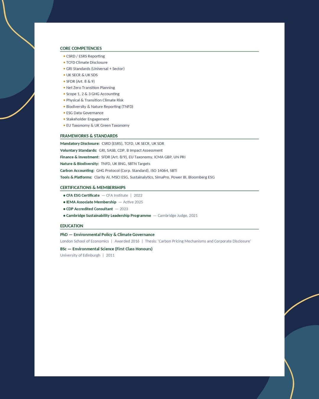 ESG Sustainability Analyst Cv Template | CSRD TCFD Gri Resume | A4 ...