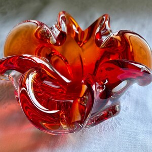 Vintage Ruby Red Cristales Murano de Mexico Art Glass Bowl | Hand Blown Freeform MCM Decor