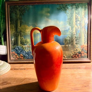 Vintage Studio Pottery Pitcher, Mid Century Orange Ceramic Vase, Hand Glazed Decorative Pitcher, Sculptural Home Decor