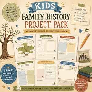 Puede incluir: Un paquete de proyecto de historia familiar en PDF imprimible para niños. El diseño incluye páginas para árboles genealógicos, tradiciones y recuerdos. El texto dice "Kids Family History Project Pack" y "Explore Your Past. Celebrate Your Family."