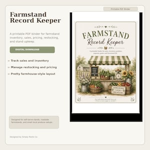 May include: A printable PDF binder titled "Farmstand Record Keeper." The cover features a watercolor illustration of a farm stand with produce. Text includes "Track sales and inventory," "Manage restocking and pricing," and "Pretty farmhouse-style layout."