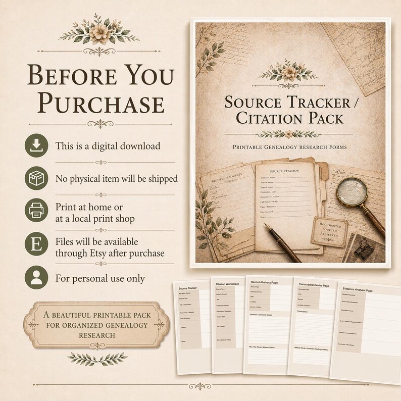Source Tracker Example Source Tracker Citation Pack Printable PDF | Genealogy Research Forms ...