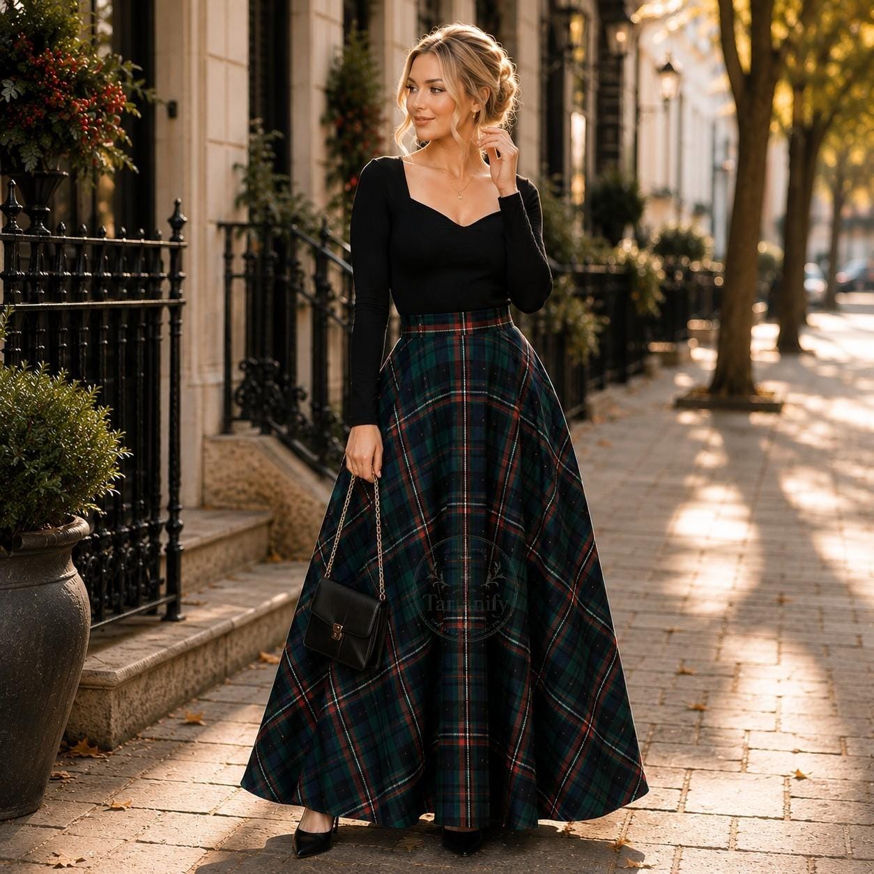 ladies tartan evening dress Square Neck Alba Tartan Satin Midi Dress in Cabernet Midnight Tartan (Red)