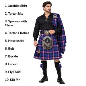 May include: A black long-sleeved Jacobite shirt with lace-up front, a blue and purple tartan kilt, a fur sporran with chain, a belt with a buckle, a brooch, a fly plaid, tartan flashes, black hose socks, and a kilt pin, labeled 1 through 10.