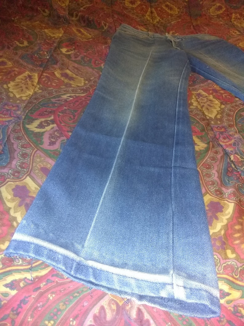 Long Haul 31 X 30 Heavy Denim Jeans Bellbottoms Bell Bottoms Scovil Zipper Flare Trucker Pants Rare Poly Cotton 60s 70s Bootcut Leather Tag