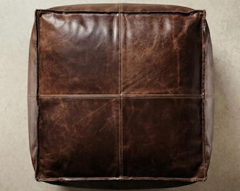 Pufa carré en cuir fait main, whisky Repose-pieds Marron, dekoracja d'intérieur de style marocain (non rembourré)