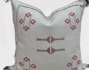 Handmade Cactus Silk Pillow, Ivory Berber Cushion Cover, Boho Throw Pillow, Tassel Pillow Cover
