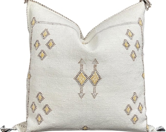 Marockanskt kaktussilkesörngott | Hamdmade 20x20 dekorativt Sabra-kuddfodral | Boho-accent för soffa | Elegant heminredning (vit)
