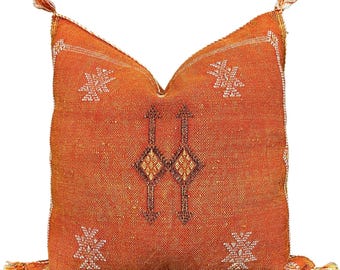 Taie d'oreiller marocaine en soie de cactus | Coussin tissé main Sabra (20 x 20 orange)