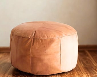 Poef rond en cuir véritable, coussin de sol fait main, repose-pieds en cuir, decor bohème