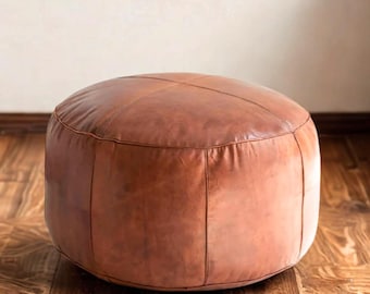 Cognac Leather Pouf, Handmade Round Brown Leather Footstool Moroccan Drum Pouf Cover, Genuine Leather Floor Pouf, Unstuffed Leather Fostrest