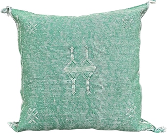 Handmade Moroccan Cactus Silk Pillow Cover – 20x20 Decorative Sabra Throw Cushion for Couch, Sofa – Unique Artisan Home Décor (Boho Green)
