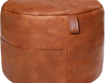 Cognac Leather Pouf, Handmade Round Brown Leather Footstool Moroccan Drum Pouf Cover, Genuine Leather Floor Pouf, Unstuffed Leather Fostrest