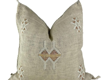 Moroccan Cactus Silk Pillow Cover – 20x20 Decorative Sabra Throw Cushion for Couch, Sofa, Bed or Lounge – Unique Artisan Home Décor (Beige)