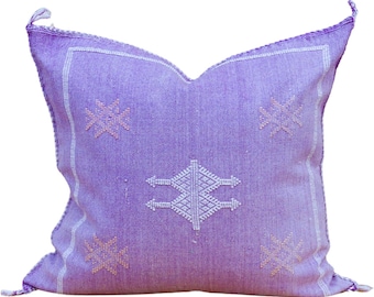 Vintage Purple Moroccan Cactus Silk Pillow Cover – 19"x19" Handmade Sabra Cushion, Soft Square Decorative Throw Pillow for Sofa