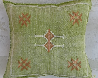 Oreiller en soie verte, coussin Sabra marocain, oreiller en soie de cactus fait main, coussin berbère Sabra, jeté d'oreiller,